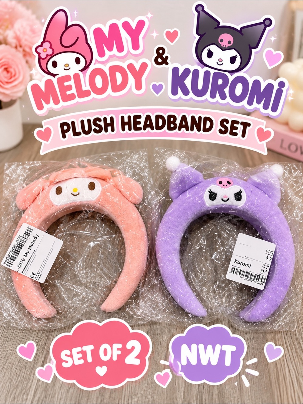 My Melody Kuromi Plush Headband Set of 2 Sanrio Kawaii Spa Makeup NWT